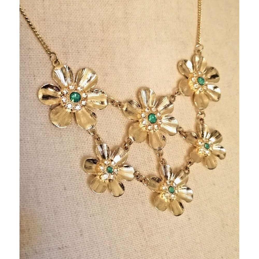 Green Clear Rhinestones Flowers Bib Necklace LC Signed